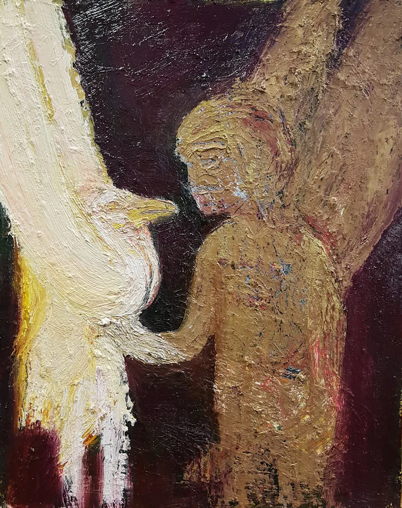 Angel with Spirit Raven showing up for Little Kate. Oil on canvas. 30 x 24 cm 2021.