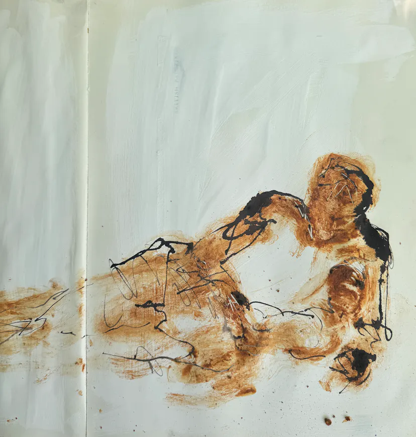 Father with child, France. Local pigments with gum arabic on book page. 2025