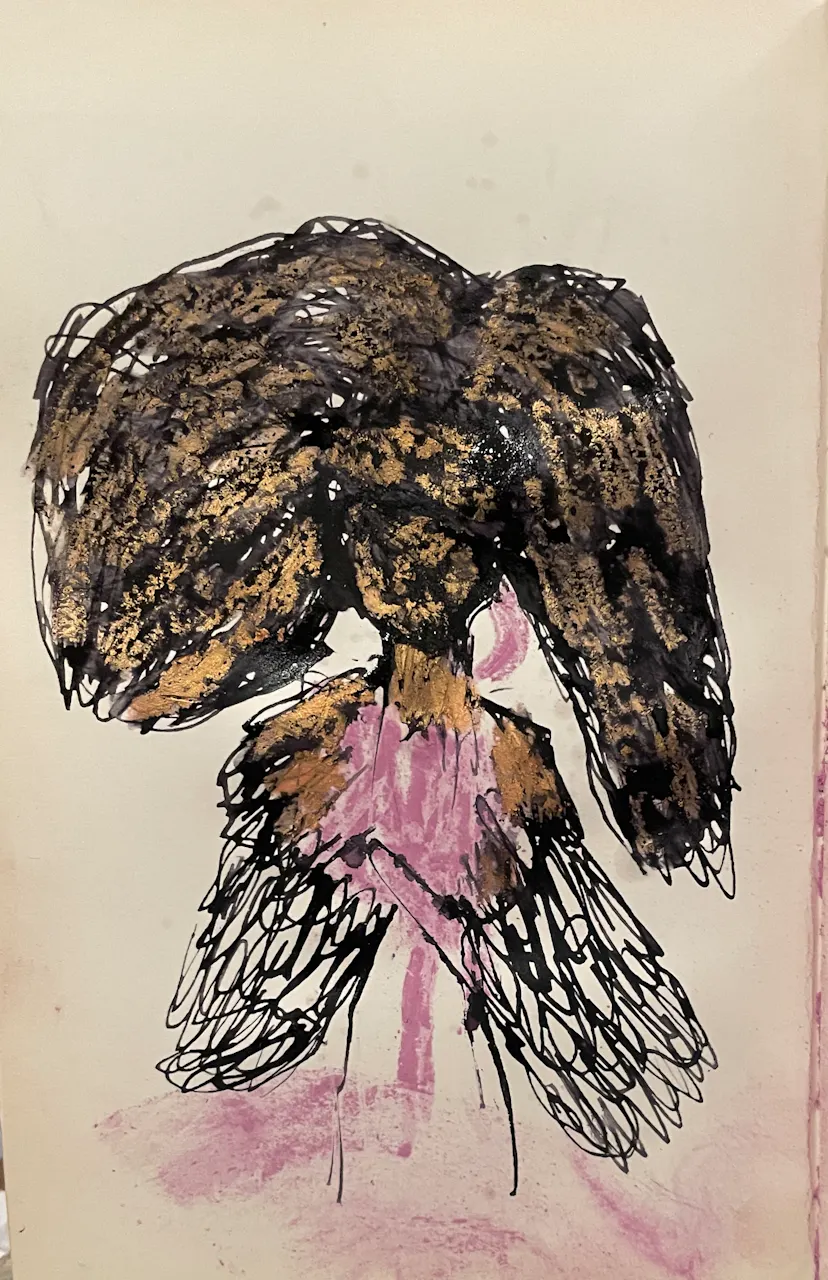 Growing feathers. Tiny drawing in a book.
