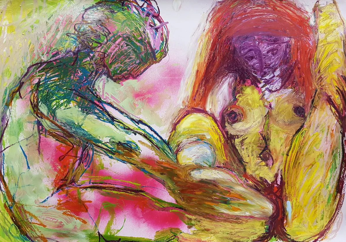 He draws her out of me (edges cropped). Oil and spray paint on gessoed paper. 76 x 100 cm 2021.