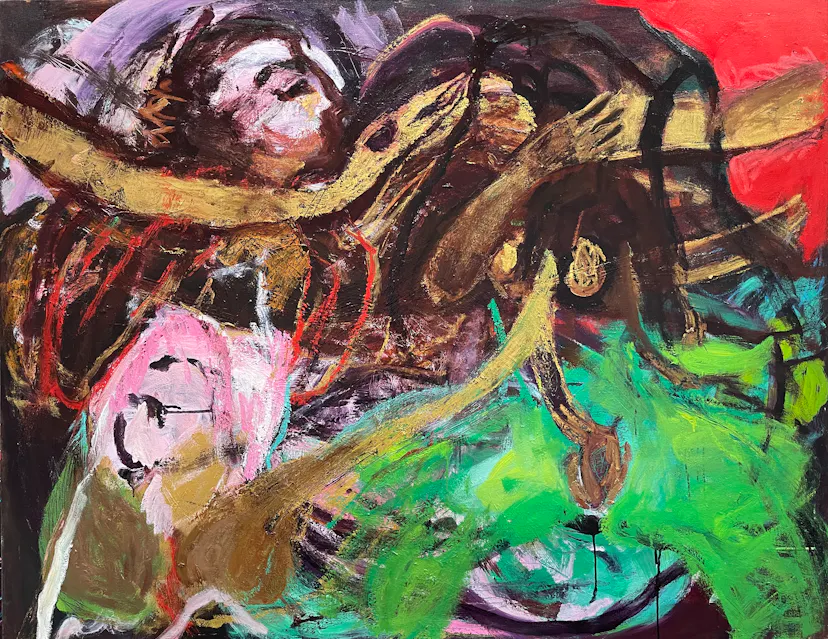 Ouruboros wraps the Lovers. Oil on canvas. 110 x 140 cm. 2022.