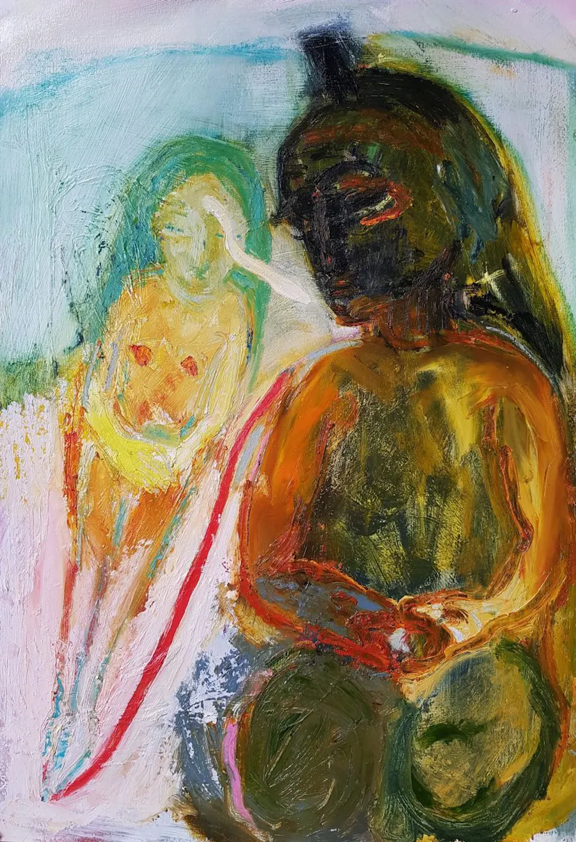 He Prays; we meet. Oil on paper, 45 x 35 cm September 2020