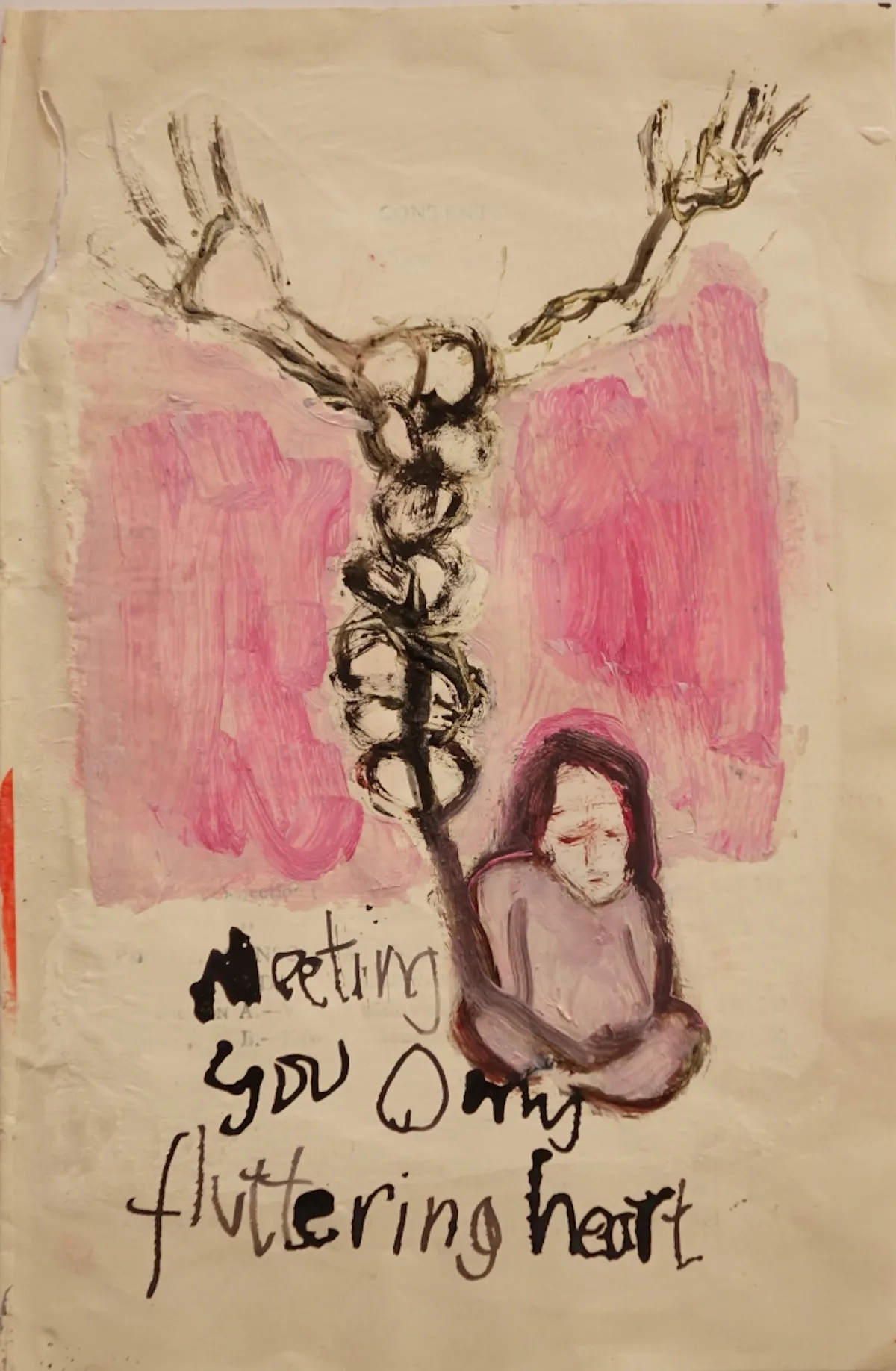 Meeting you O my fluttering heart  oil and ink on paper 2016  book page with gesso