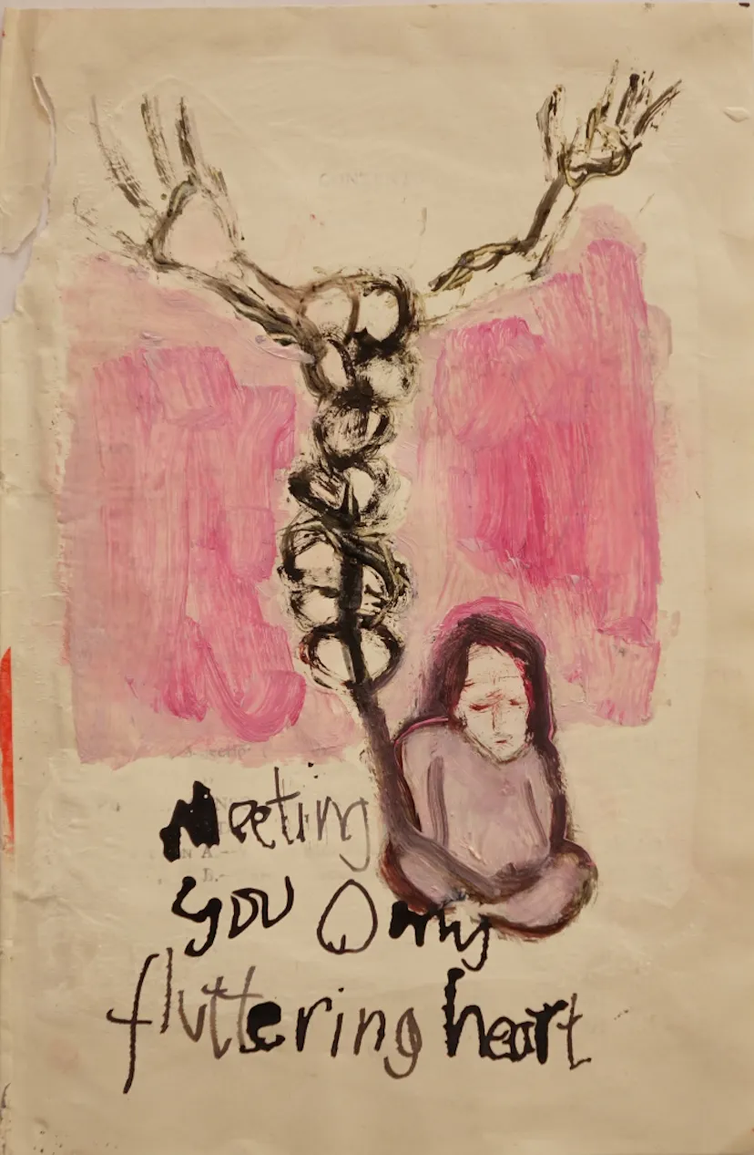 Meeting you O my fluttering heart  oil and ink on paper 2016  book page with gesso
