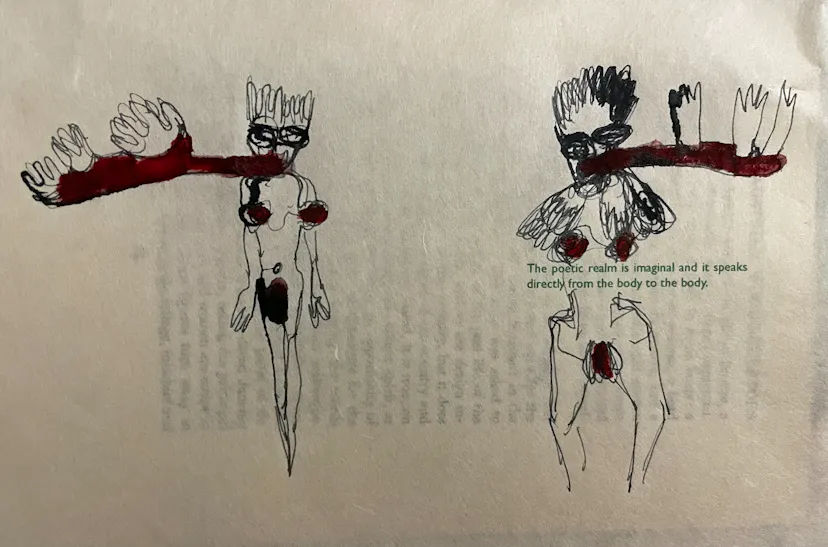The poetic realm of tongues and karmic debt. Drawing on page of text. February 2023.