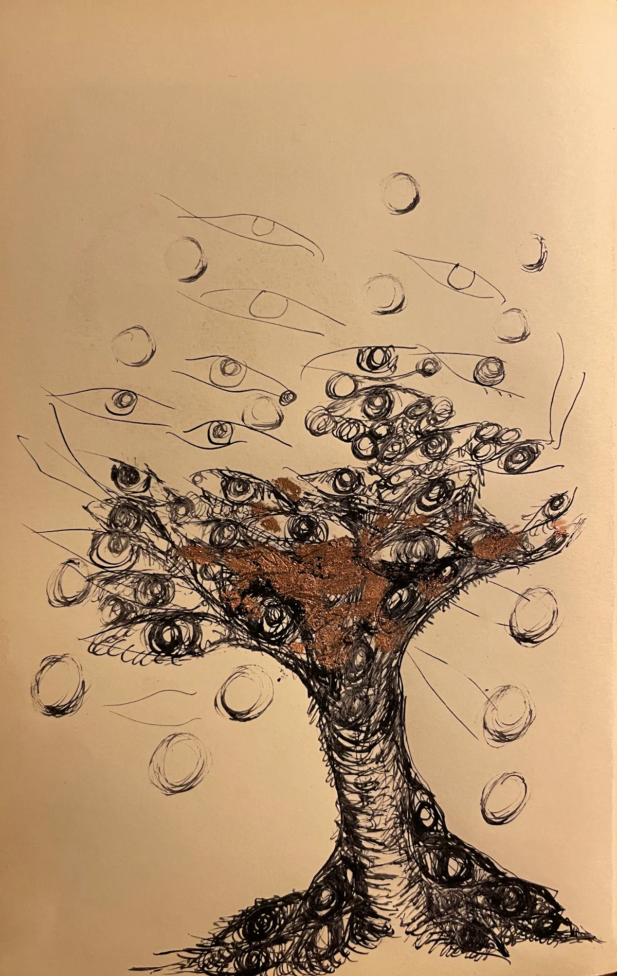 Tree with eyes and fruit. Tiny drawing in a book.