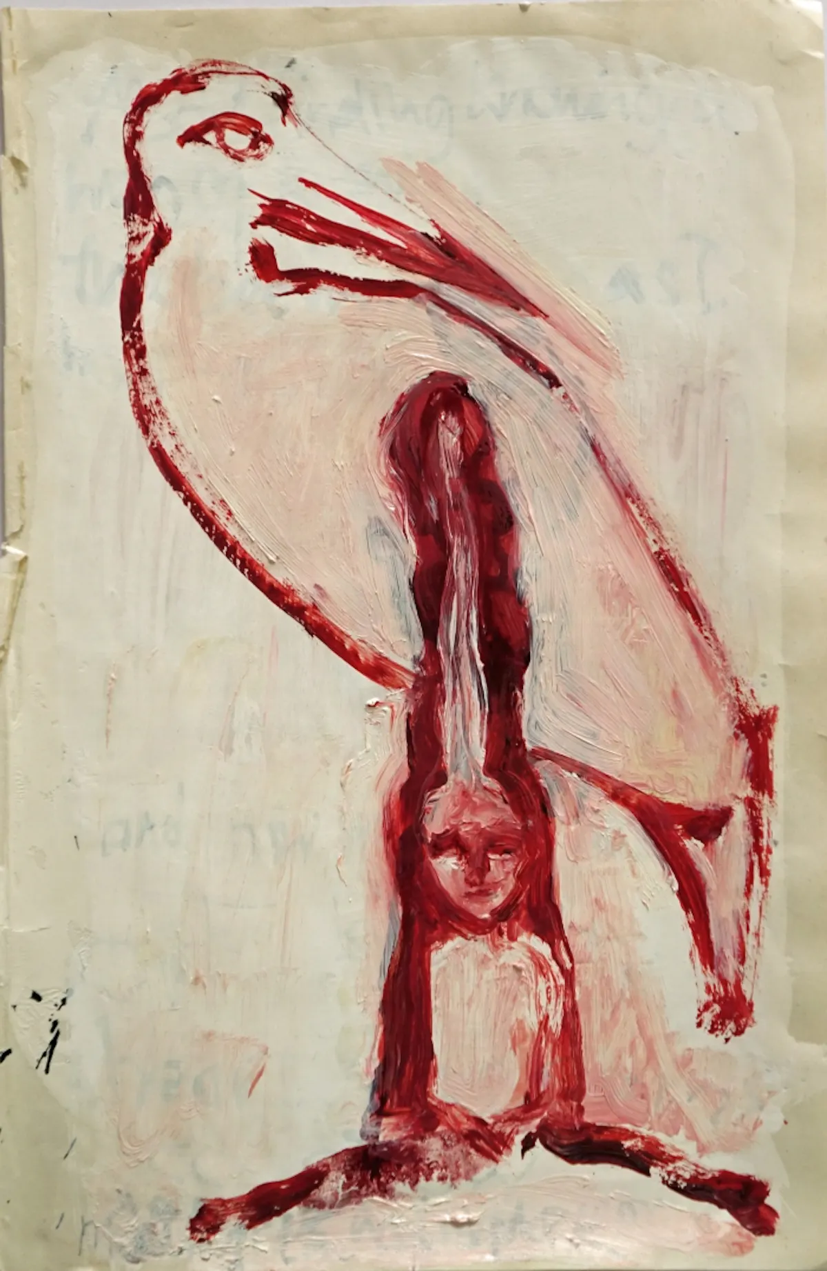 Bird making womb for my consciousness  book page 2016 oil on gesso-prepared paper