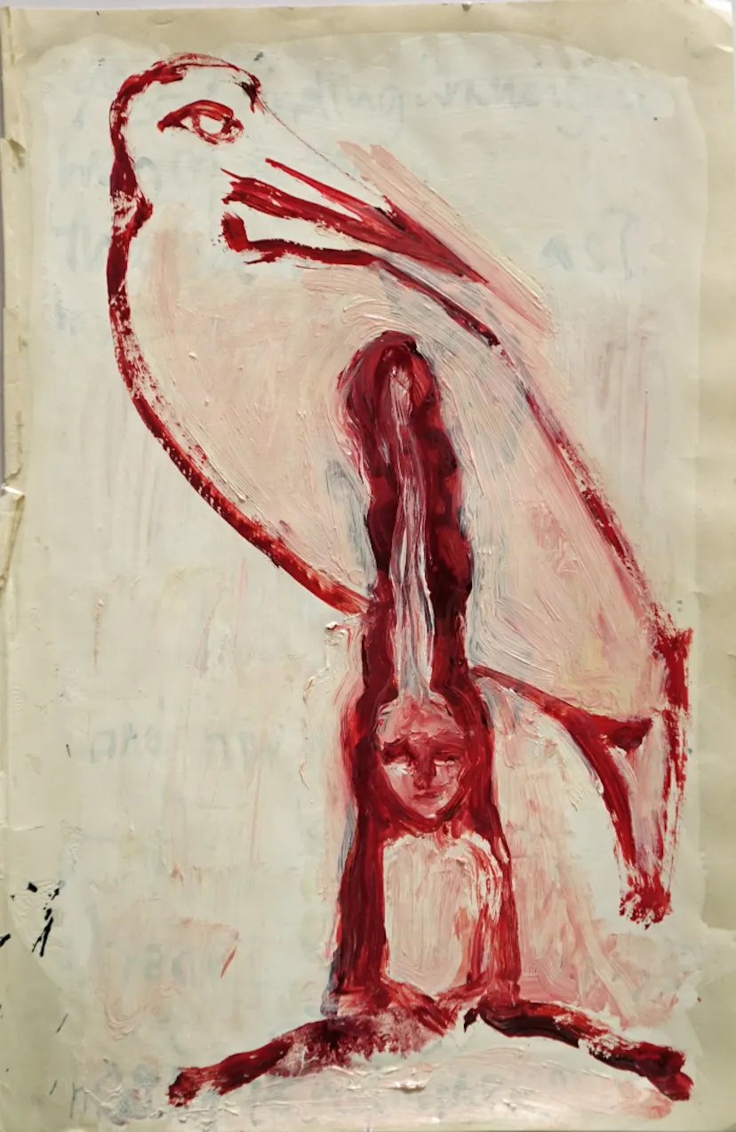 Bird making womb for my consciousness  book page 2016 oil on gesso-prepared paper