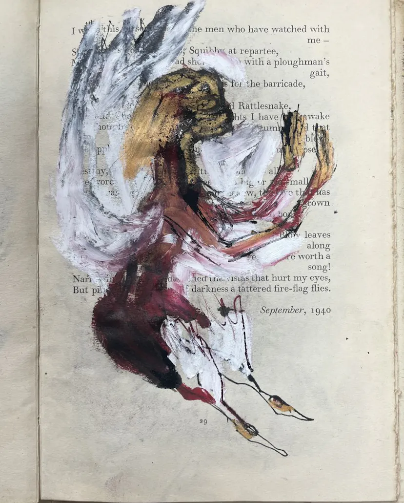 Praying with Birds feet for legs. Drawing in poetry book. approx 20 x 25 cm 2023 small file