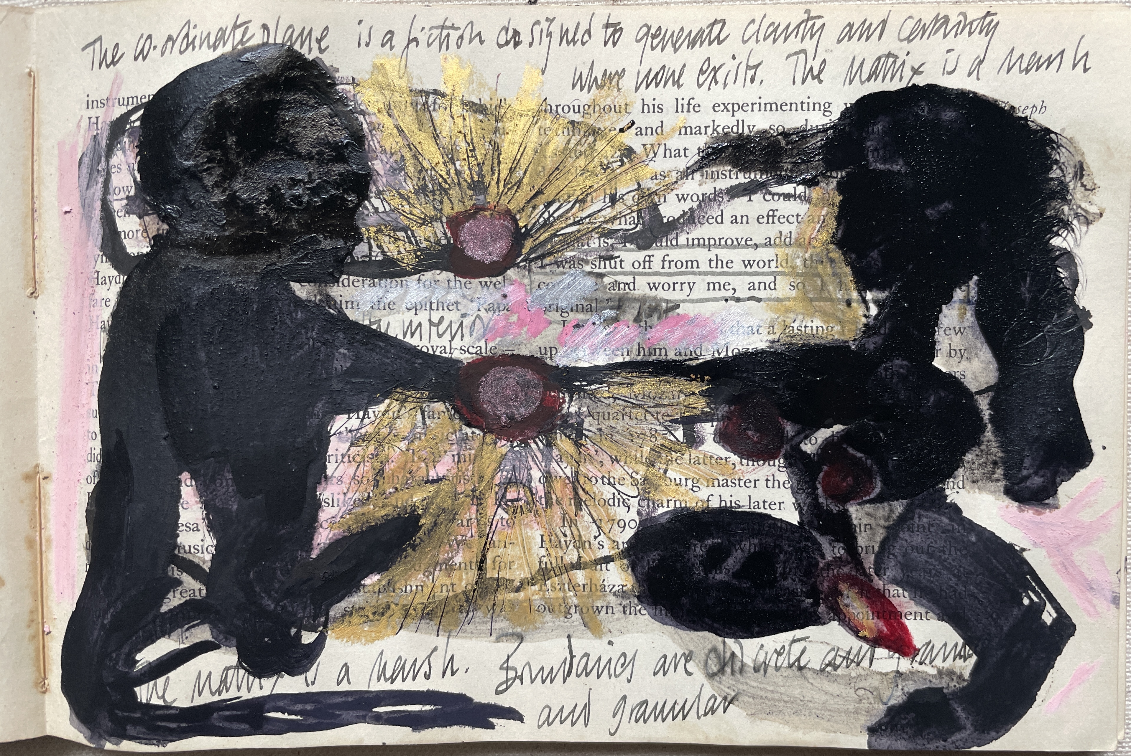 Twin Suns. Oak gall ink and oil pastel on musical notation paper in book. 2023.