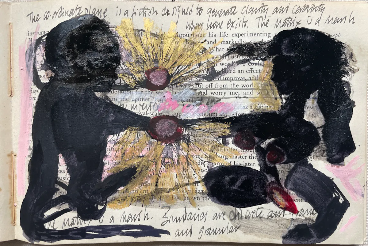 Twin Suns. Oak gall ink and oil pastel on musical notation paper in book. 2023.