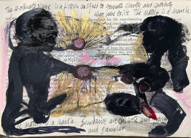Twin Suns. Oak gall ink and oil pastel on musical notation paper in book. 2023.