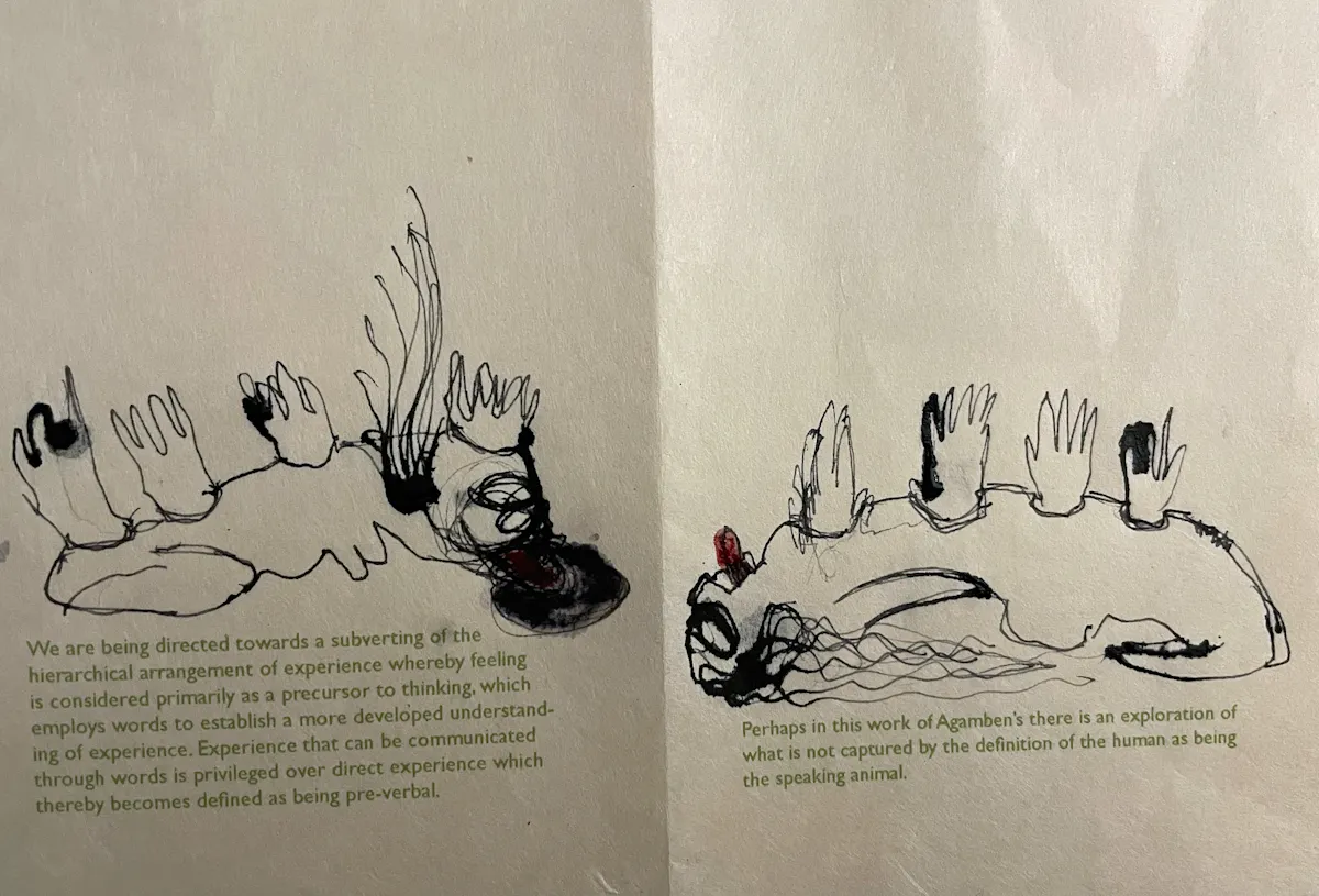 Being human or a dog. Drawing on printed page. Feb 23