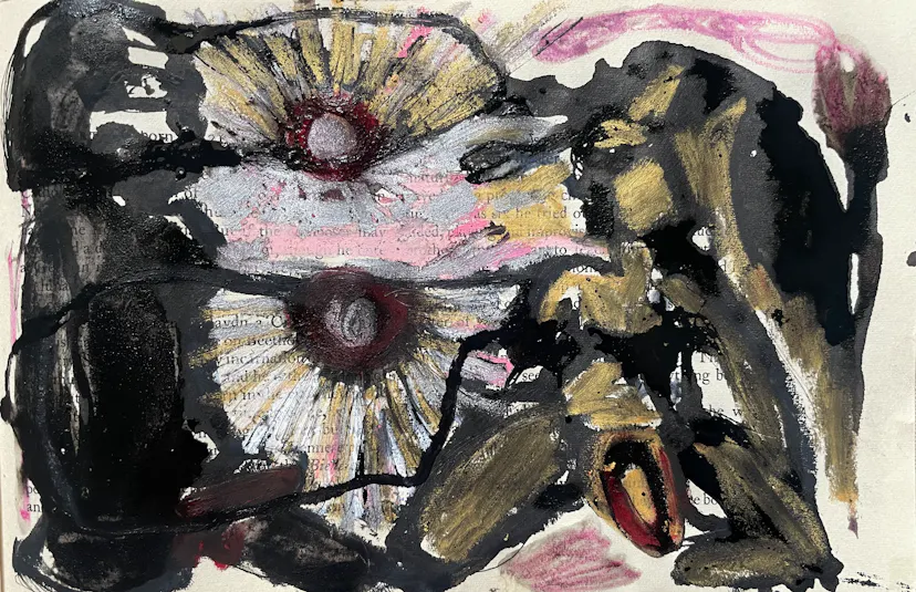 Lovers grow flowers and suns. Study. Ink and watercolour stick. 13 x 20 cm. 2023