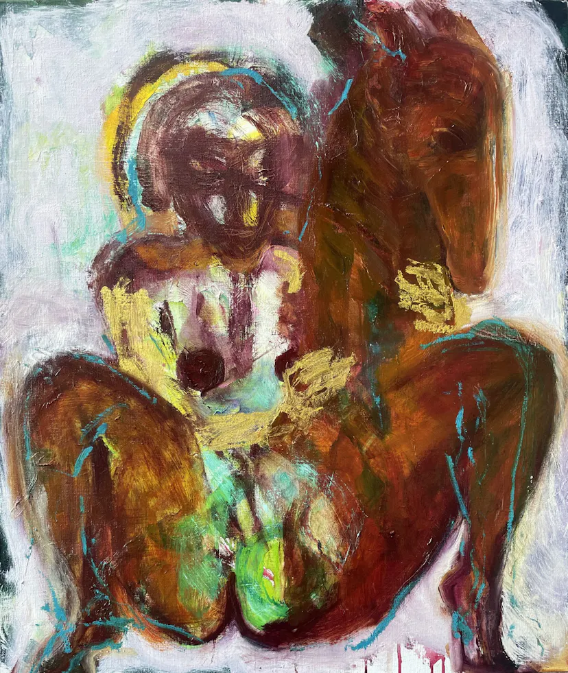 My young horse came back. Oil on linen. Approc 70 x 65 cm 2024. Kate Walters
