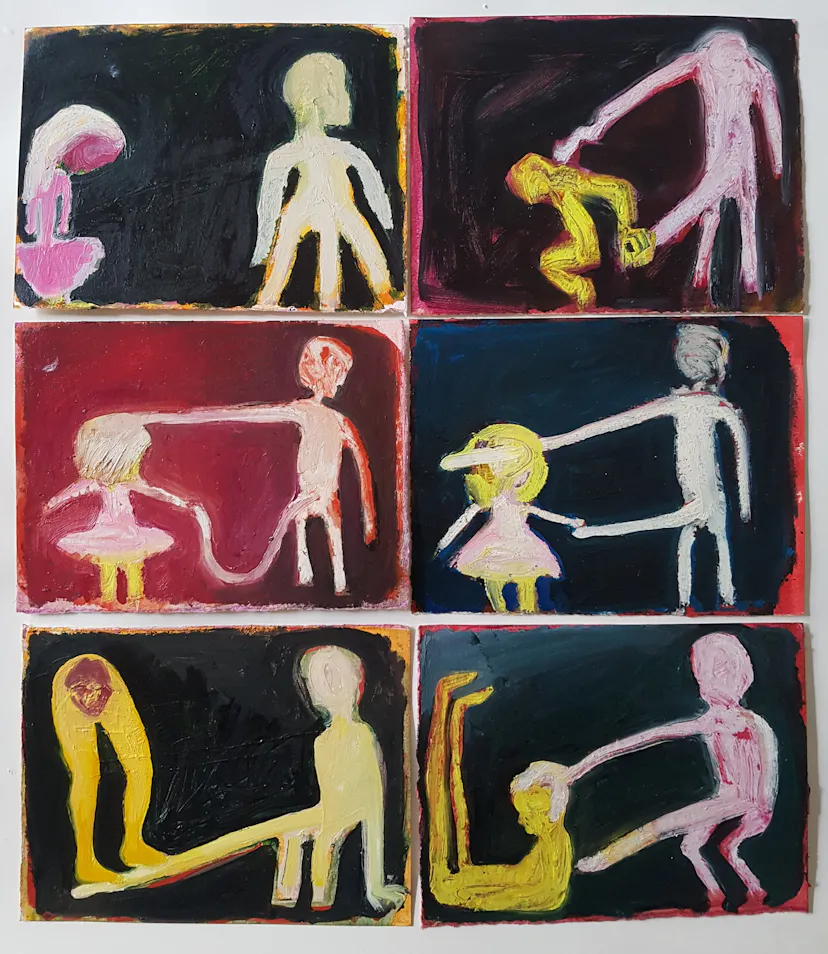 Memories of Father or the Male in the White Dream (therapy). Oil on paper each piece 15 x 20 cm. 2020