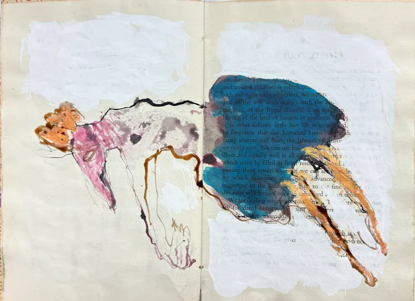 Horse with a saddle of the sky. Drawing in a book, on gessoed pages. 2026.