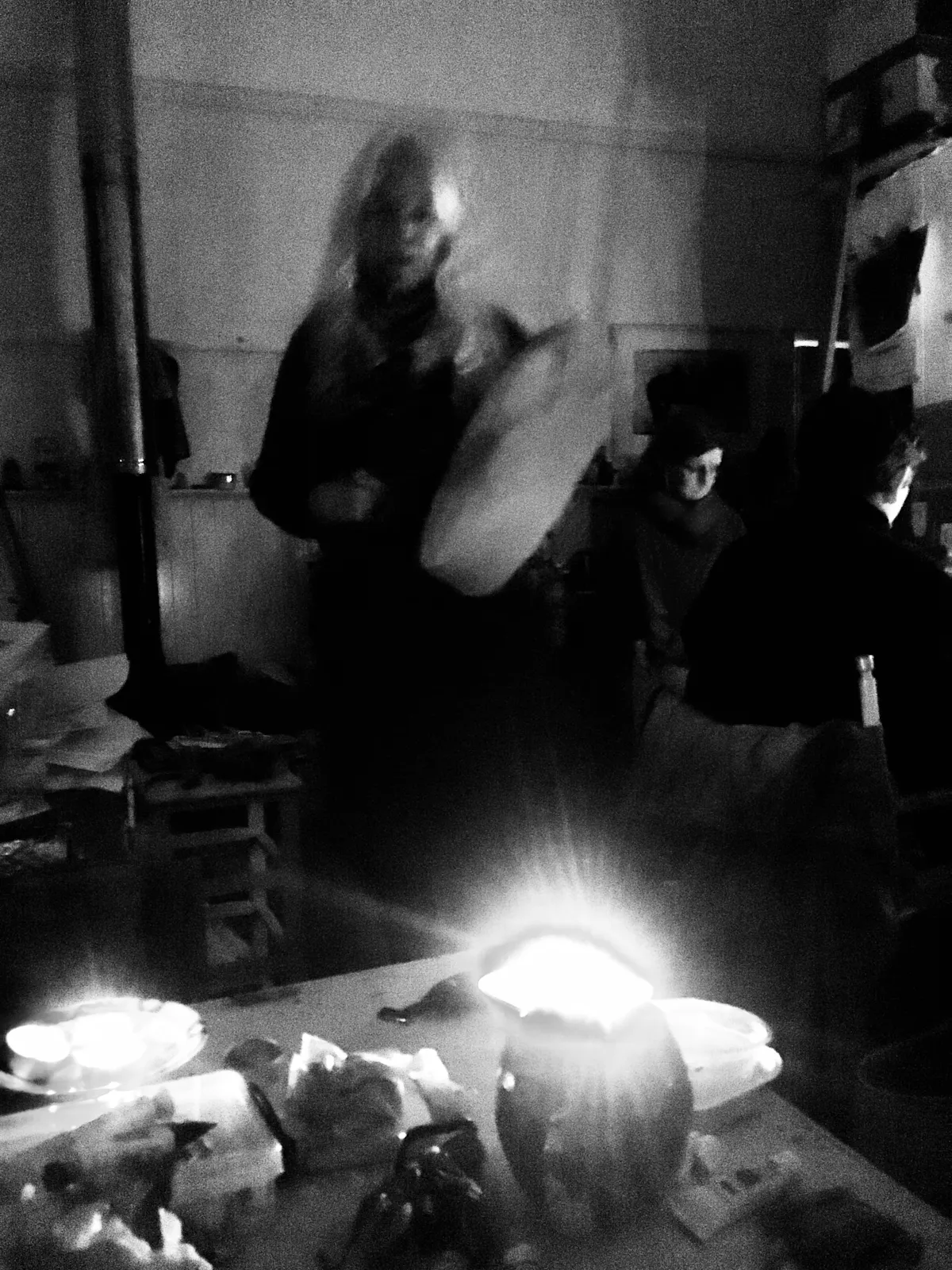 Kate drumming in her studio. photo credit Sally Tripptree