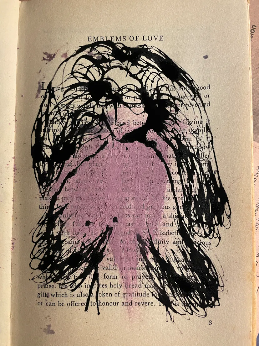 Breasts grow feathers. Tiny drawing in a book.
