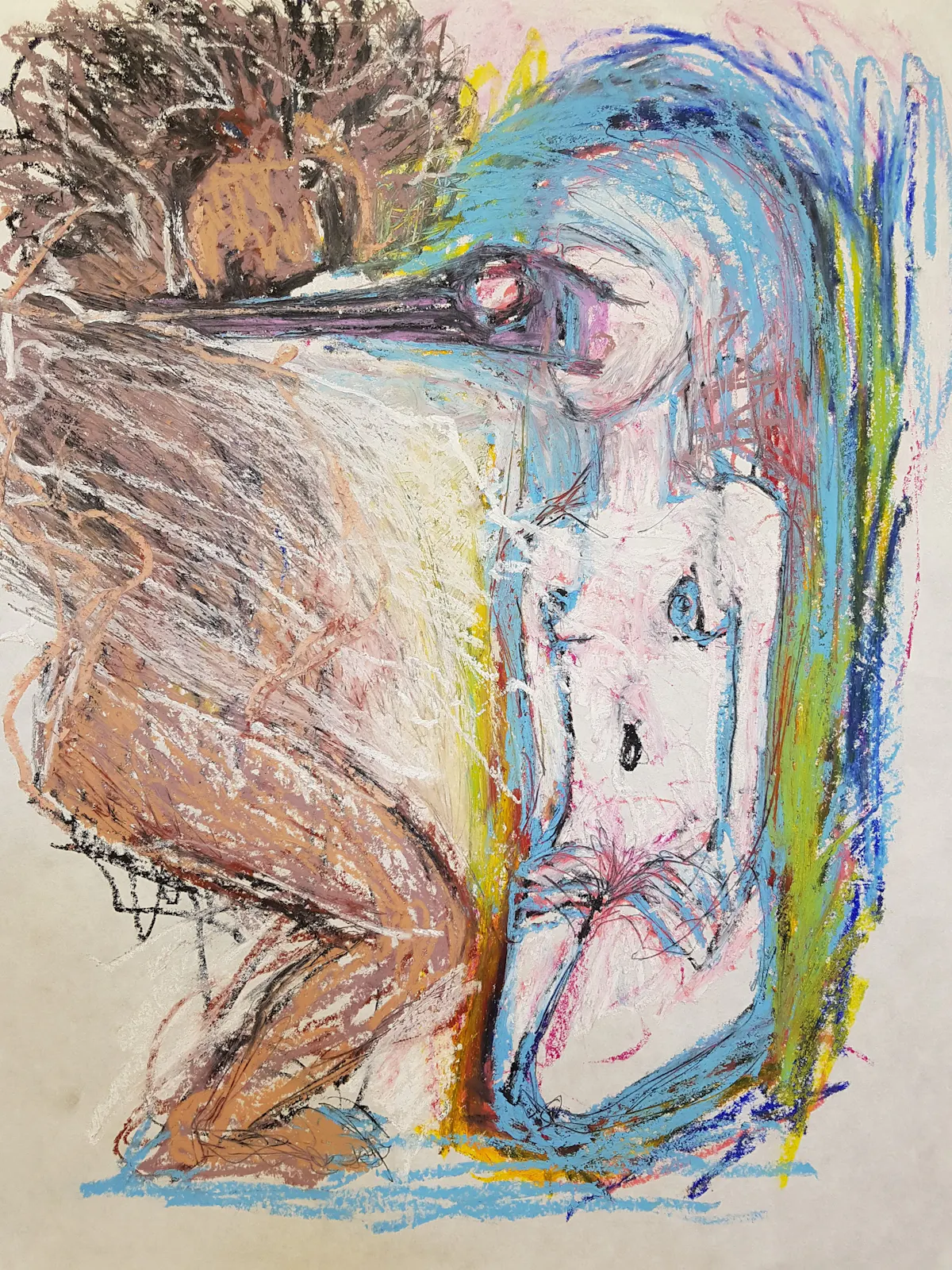 Man kisses the bill of the bird penetrating his throat. He becomes an Angel. Drawing on sumi-e paper, oil pastel and pencil. 65 x 50 cm. April 2021