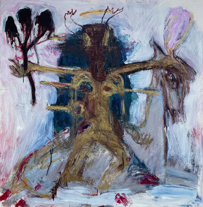 The all-seeing ones. Oil and oil stick on panel. 100 x 100 cm 2024