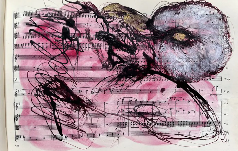 Drawing in music book. Horse and World