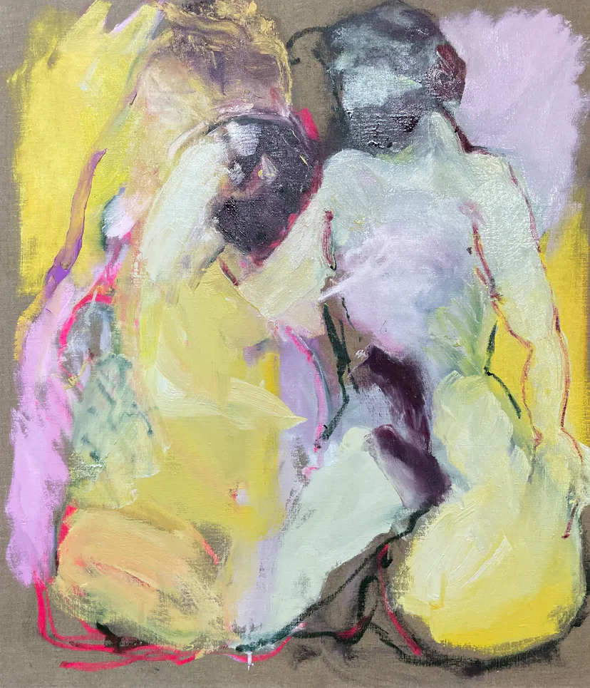 Couple with Horses, painted by flowers. Oil and oilstick on linen. 80 x 70 cm approx