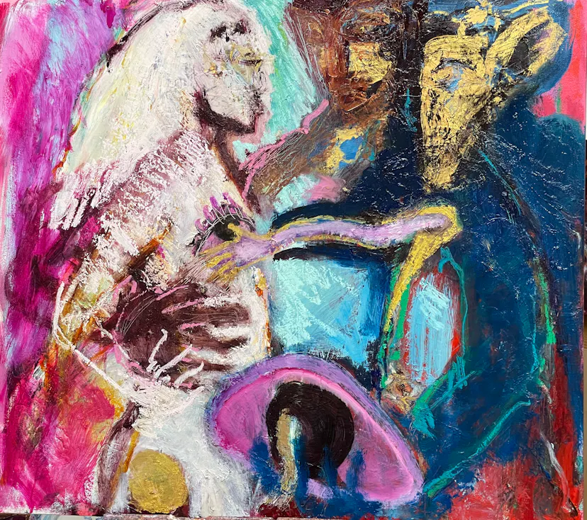 I love the Holy Man and the Blue Deer. Oilpaint and oilstick on canvas. 80 x 90 cm 2024