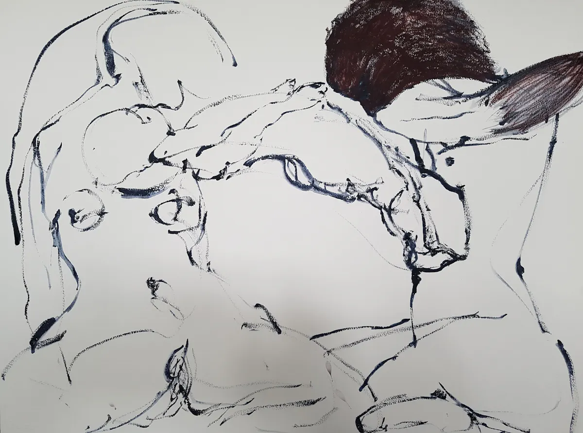 Babe as Bridge. Drawing, watercolour sticks on watercolour paper. 56 x 76 cm July 2021