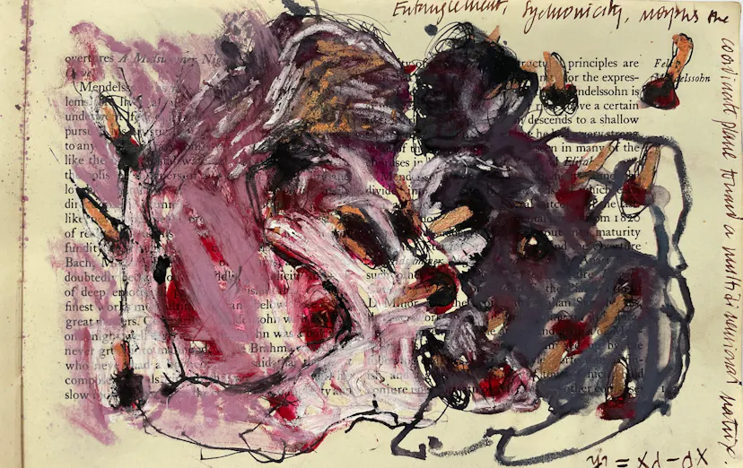 Synchroncity, entanglement. drawing in book of musical notation. 2023.