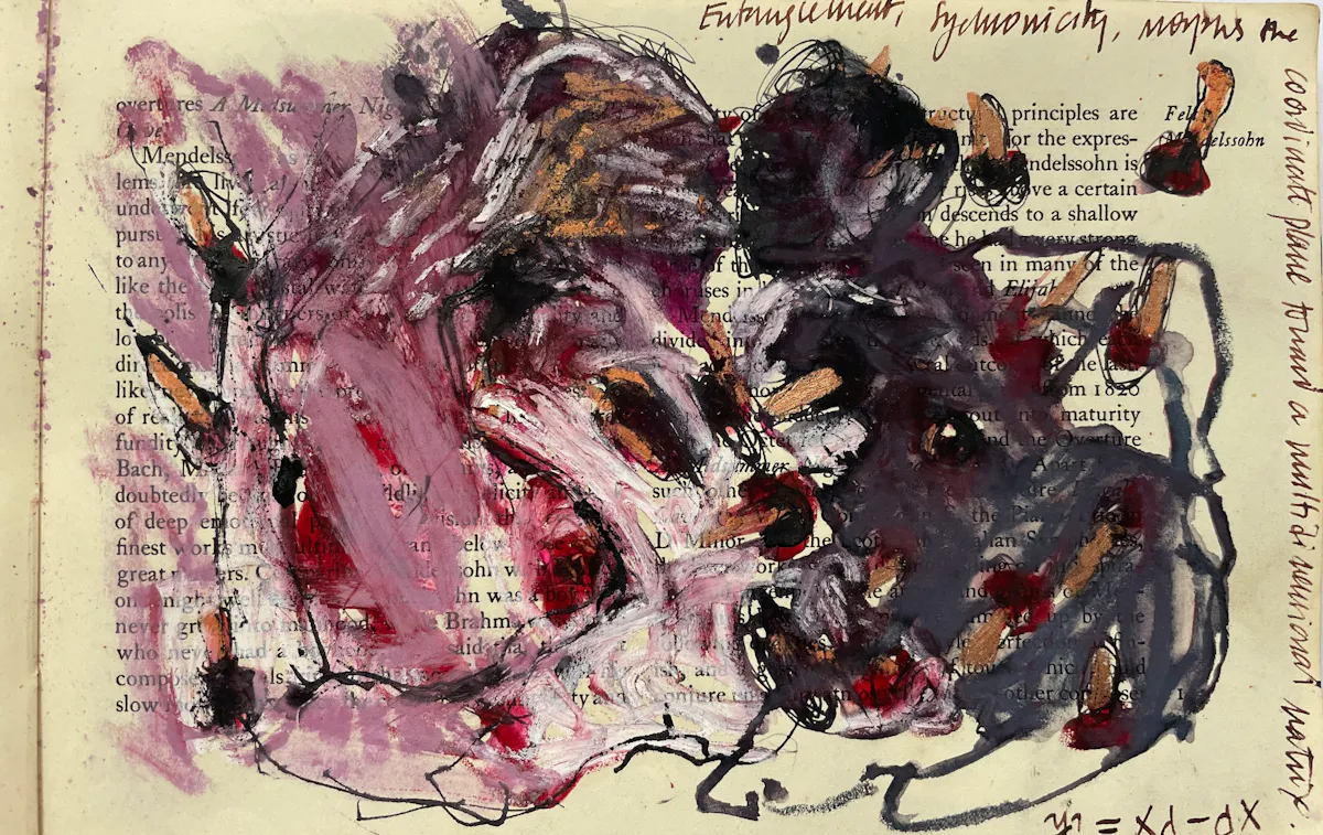 Synchroncity, entanglement. drawing in book of musical notation. 2023.