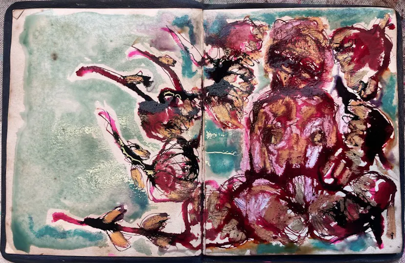 Book page double spread. Holy figure with flowers.2024 Kate Walters. In the Rubaiyat of Omar Khayam
