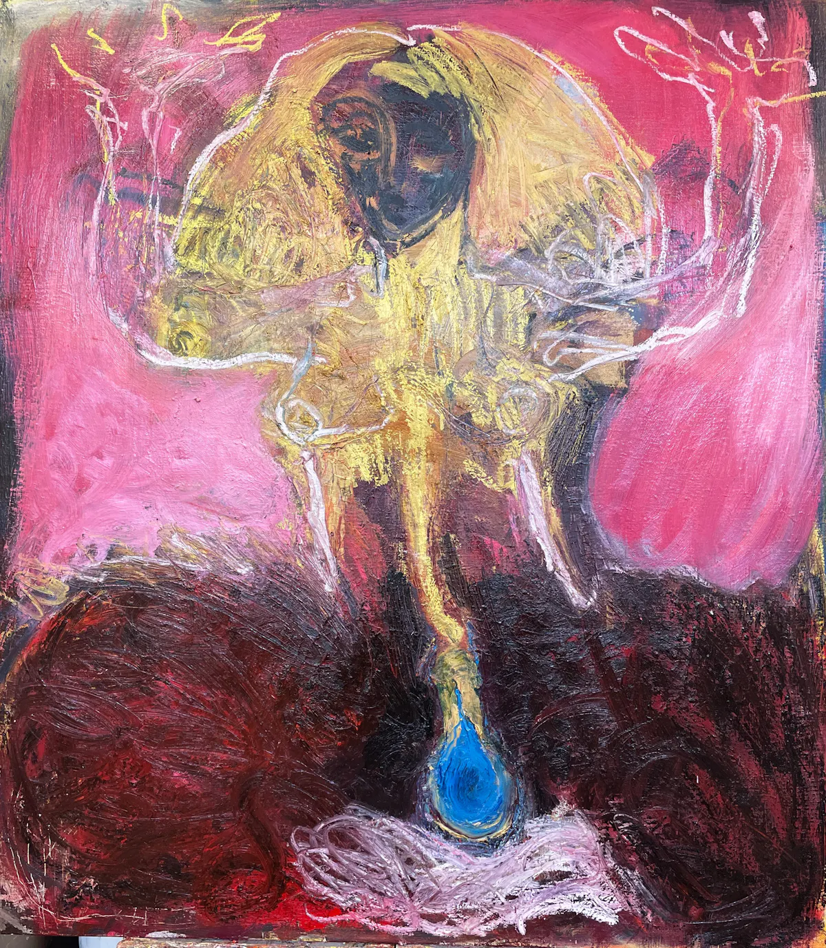 Self portrait with seeding blue bulb and golden foreskin. Oil on linen 90 x 80cm March 2022.