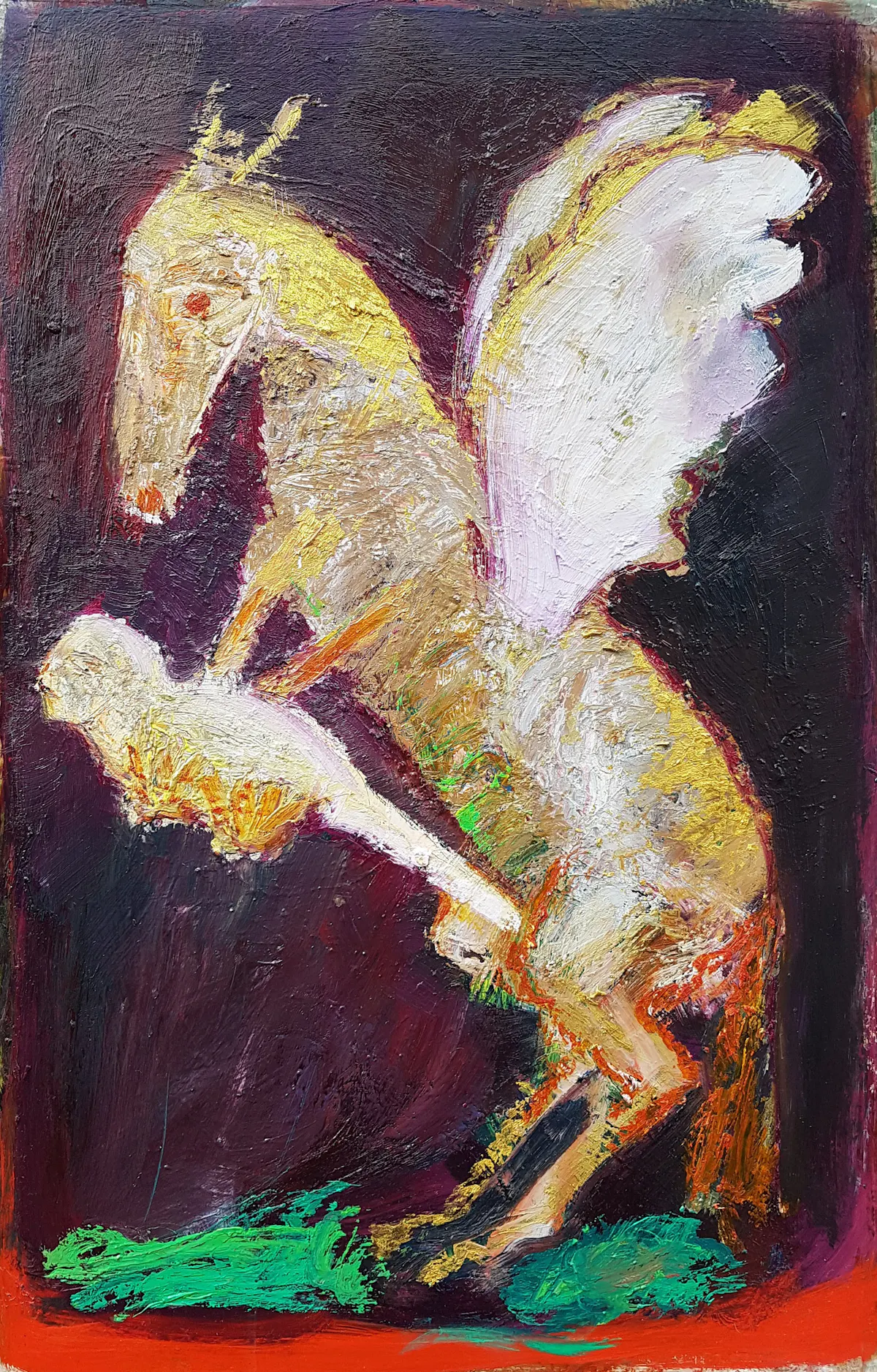 Mare's milk makes Bird-Child. Oil on gessoed paper. 56 x 35 cm approx. May 2021