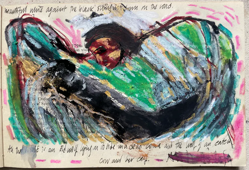 Green winged angel. Watercolour stick and oil pastel on musical notation paper. 2023
