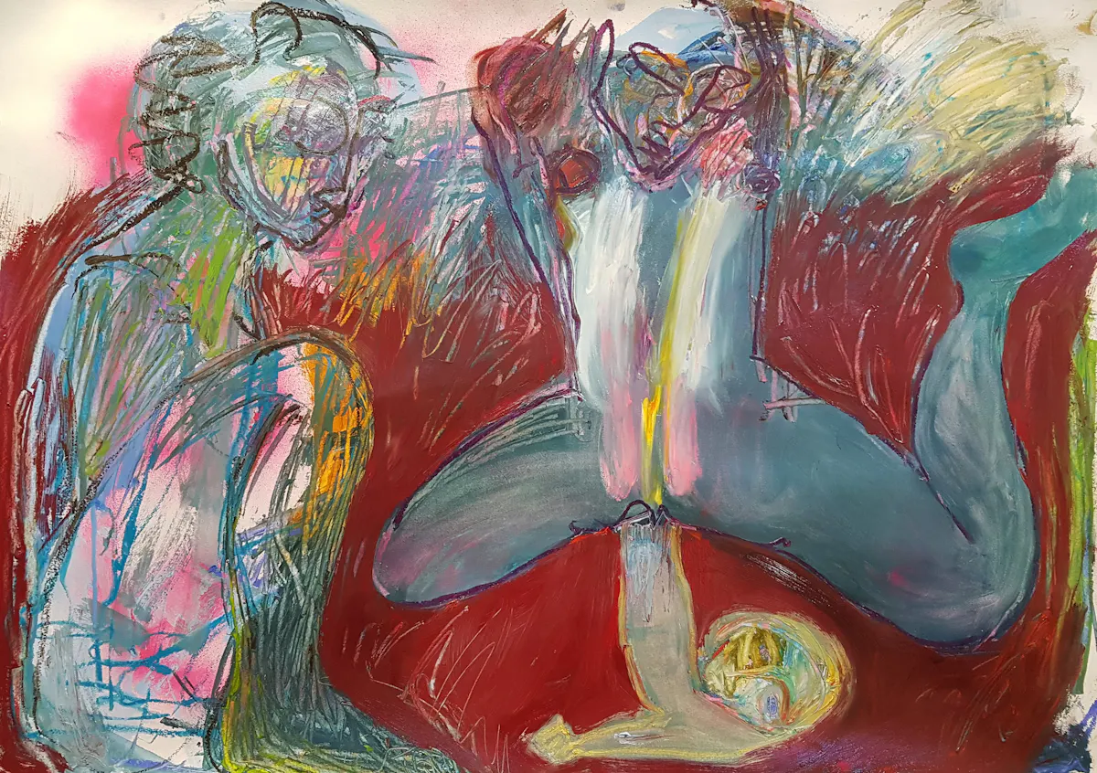 Babe as Node, by the Fire. Oil and spray paint on sized paper, edges cropped. 76 x 100cm 2021.