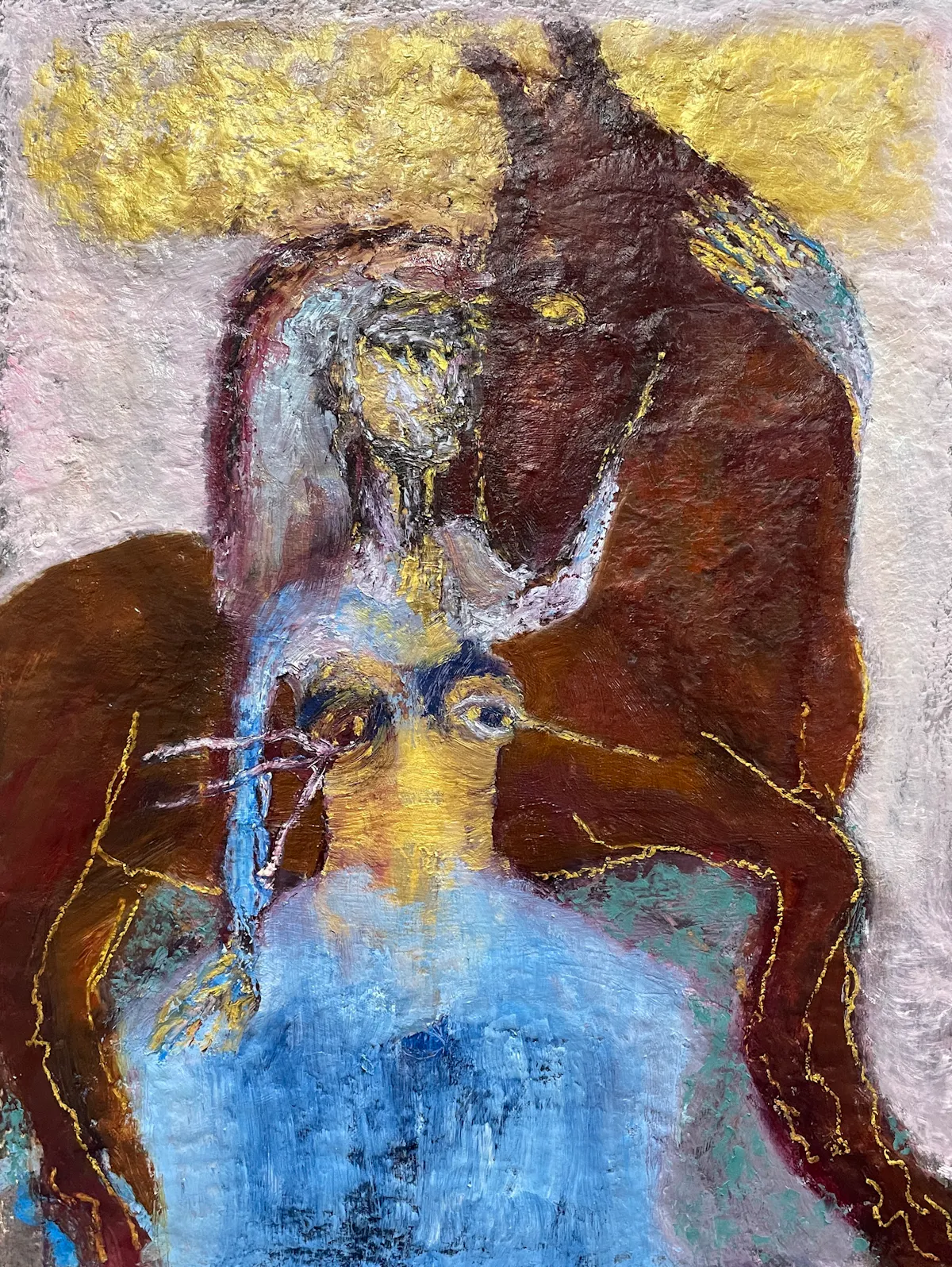 Horse blessings. Oil on wood with ash, bitumen and size. approx 70 x 50 cm. 2024.