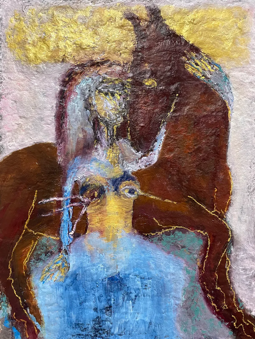 Horse blessings. Oil on wood with ash, bitumen and size. approx 70 x 50 cm. 2024.