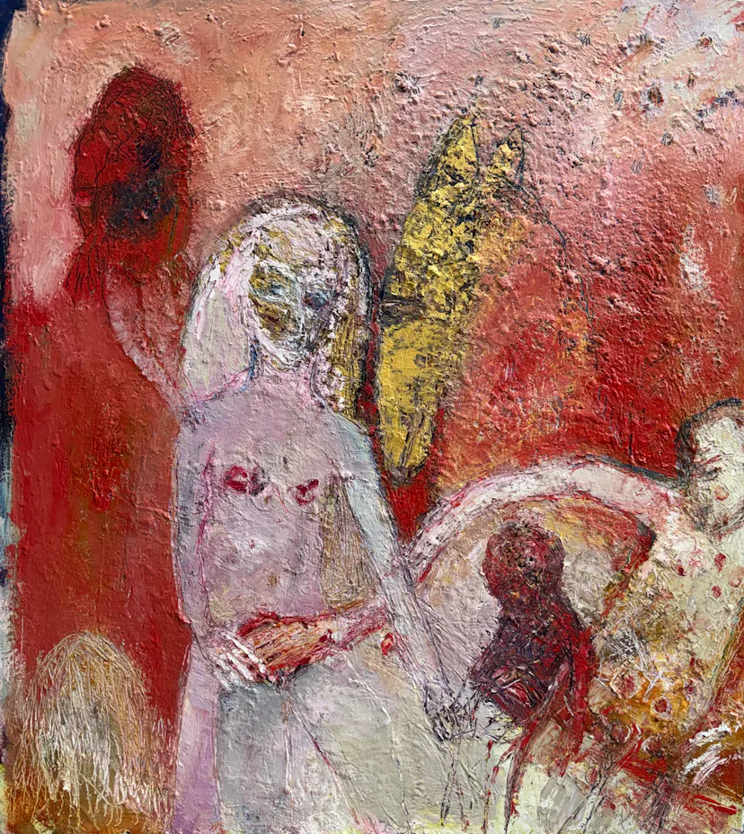 We need to be touched and held. Oil on linen. August 2026.