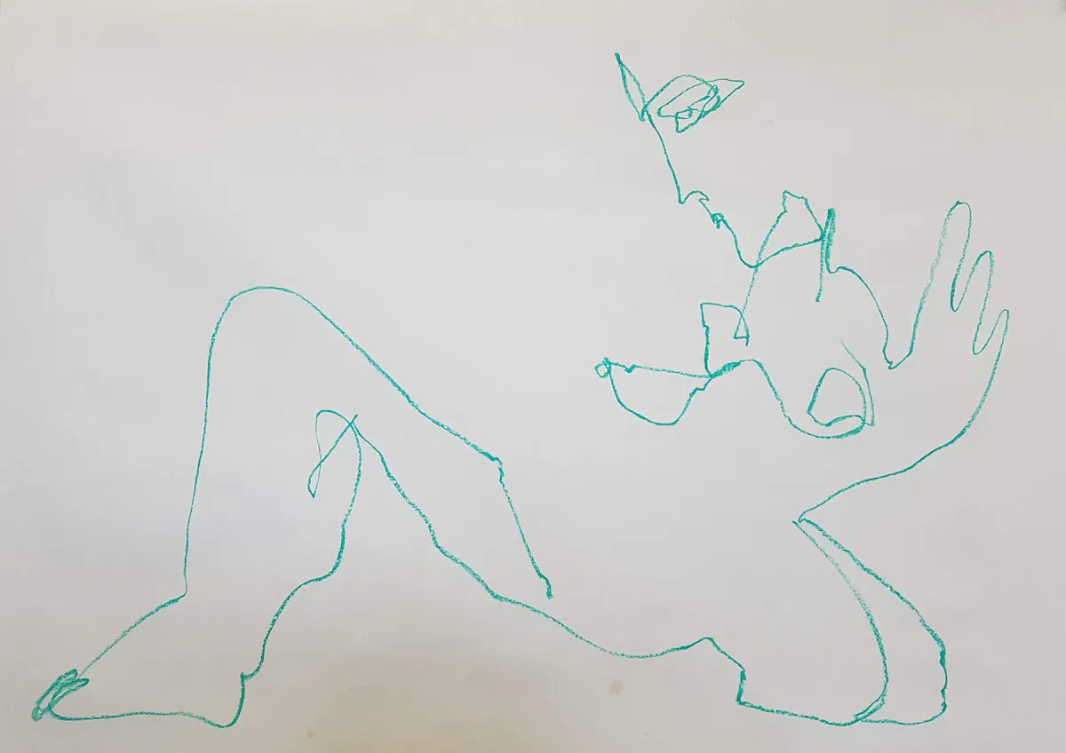 Fire Not Milk with open body. April, drawing, oil pastel. 59 x 84 cm.