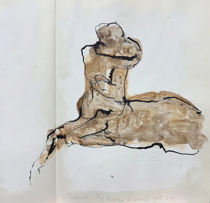 Centaur with child. Drawing in book. 2025