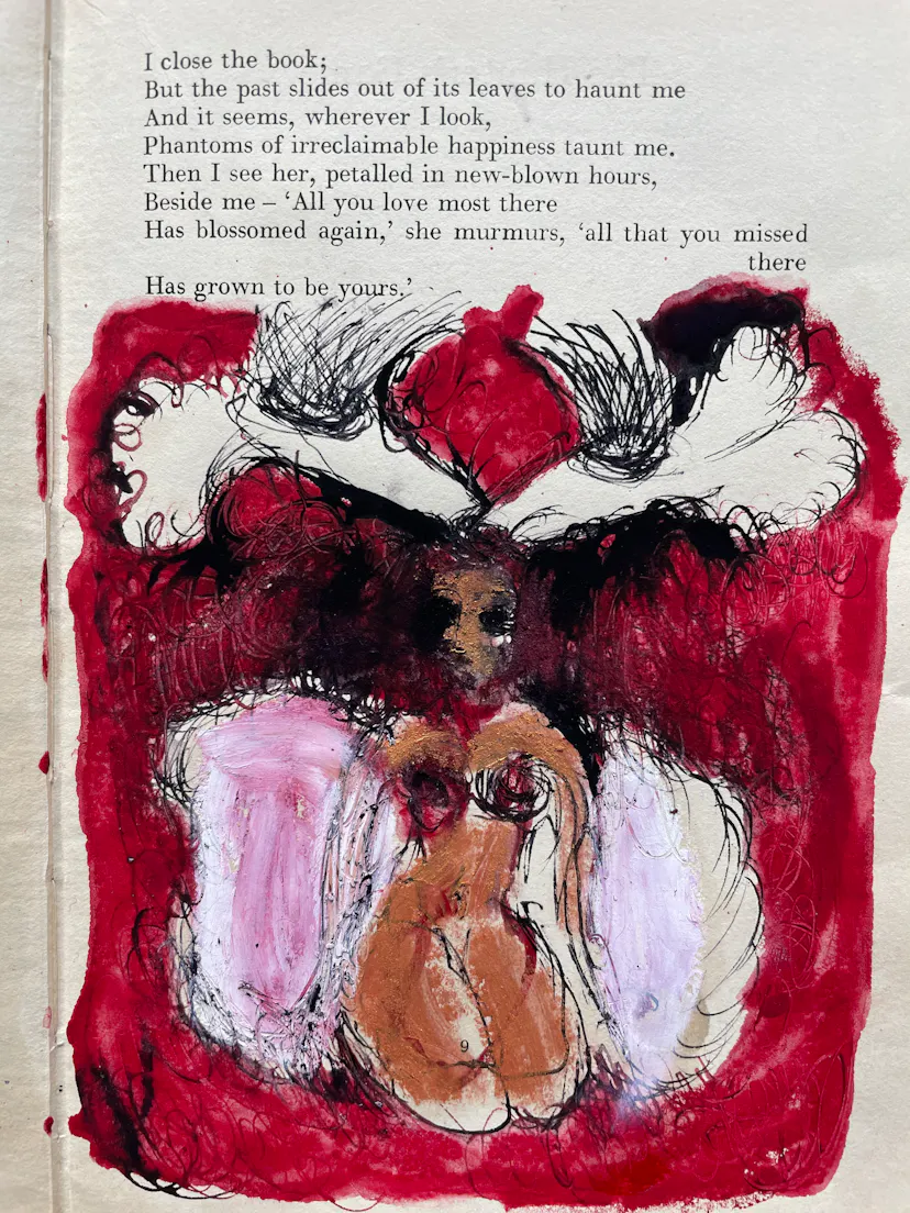 girl with spirit animals breathing into her crown. and then shes an angel. tiny drawing in book.