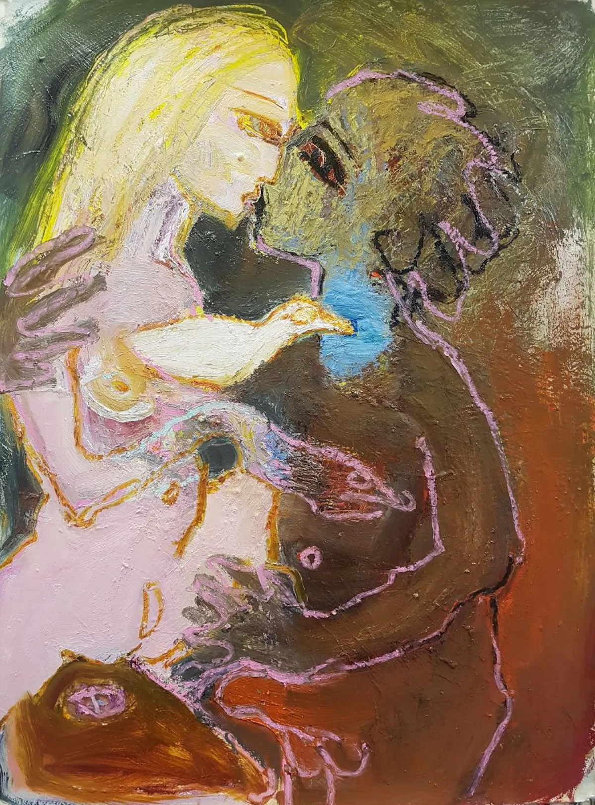 My Lover with the blue throat. Oil on paper, 76 x 56 cm 2021