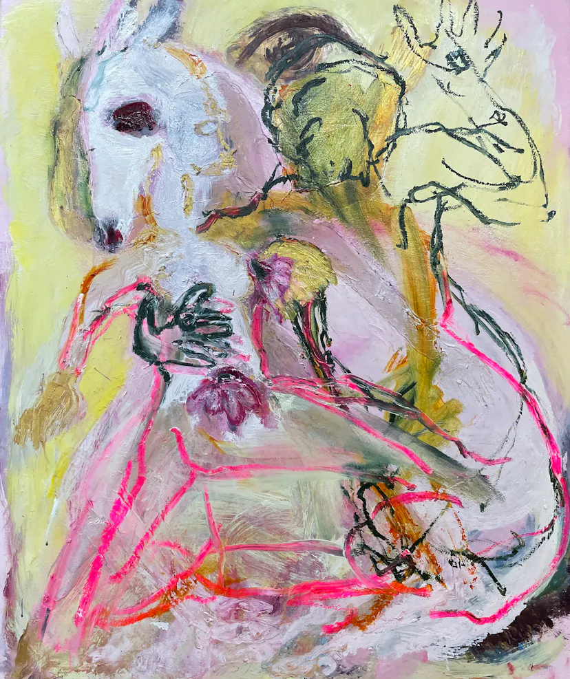 Epona flowering with Pan. Oil and oilstick on linen. 70 x 50 cm.