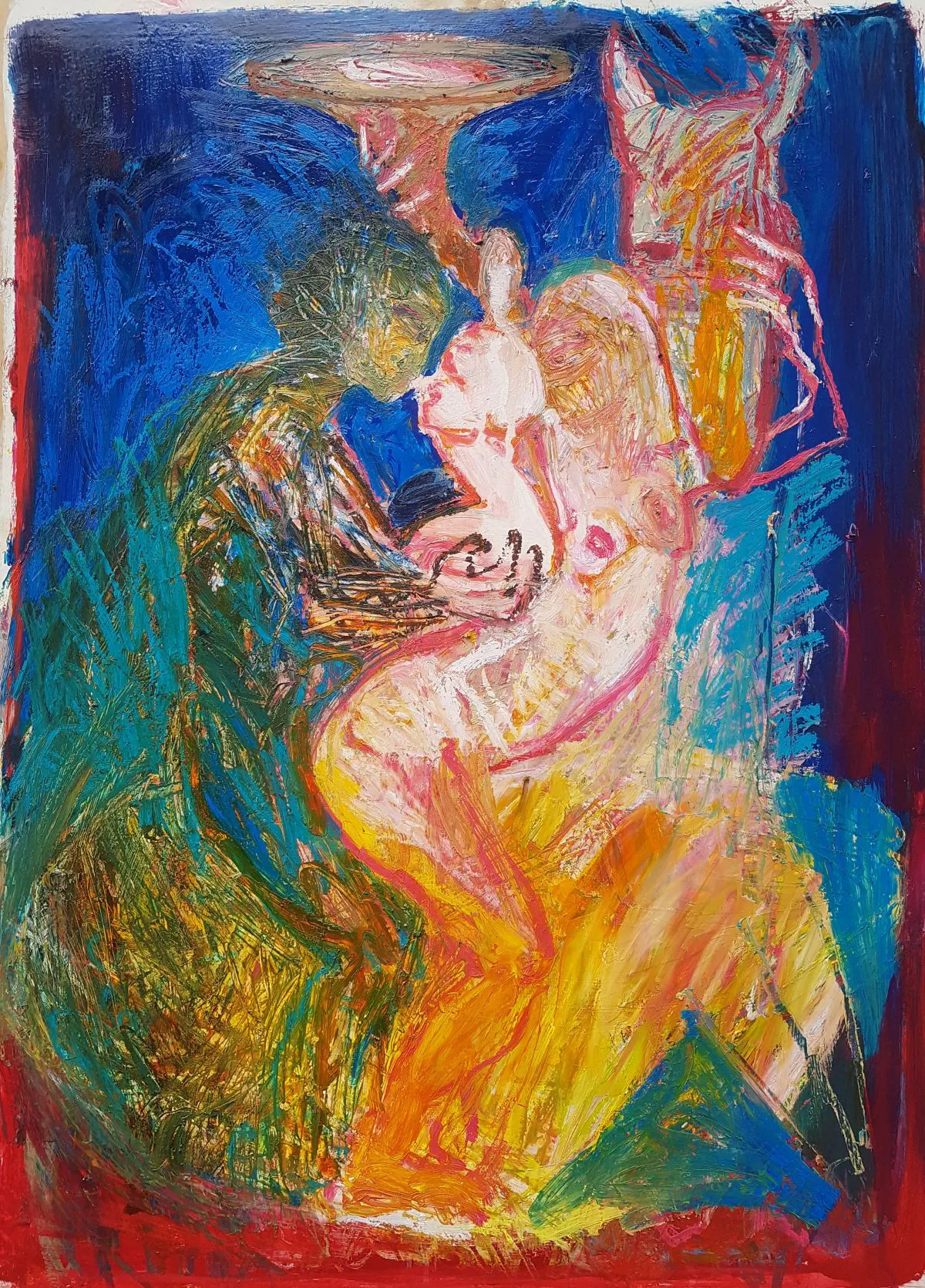 Lovers Not Lovers. Baptism with Sky Funnel. Oil on gessoed paper, 75 x 55 cm March 2021