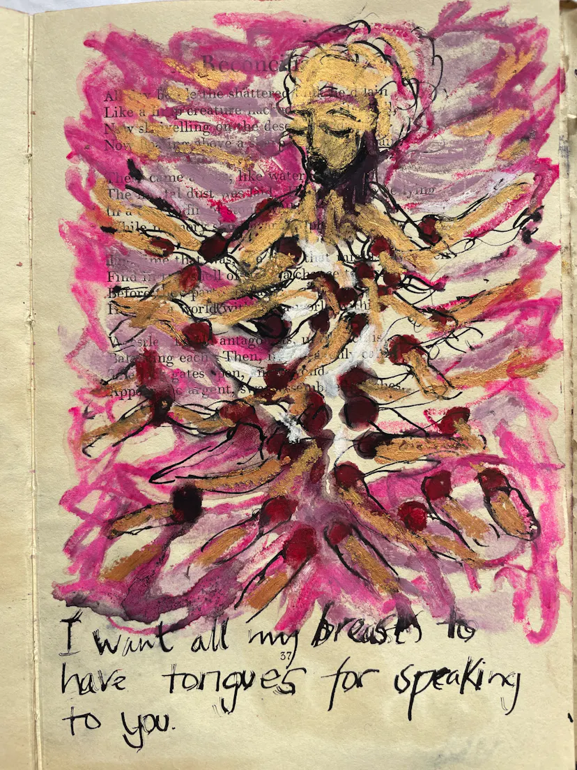 With tongues for speaking to you. Drawing in a book of poems. 2023 Kate Walters