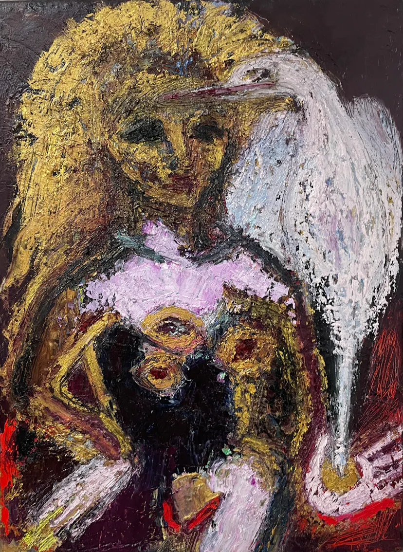 High Priestess with Holy Bird. Oil on linen. 40 x 30 cm. 2022