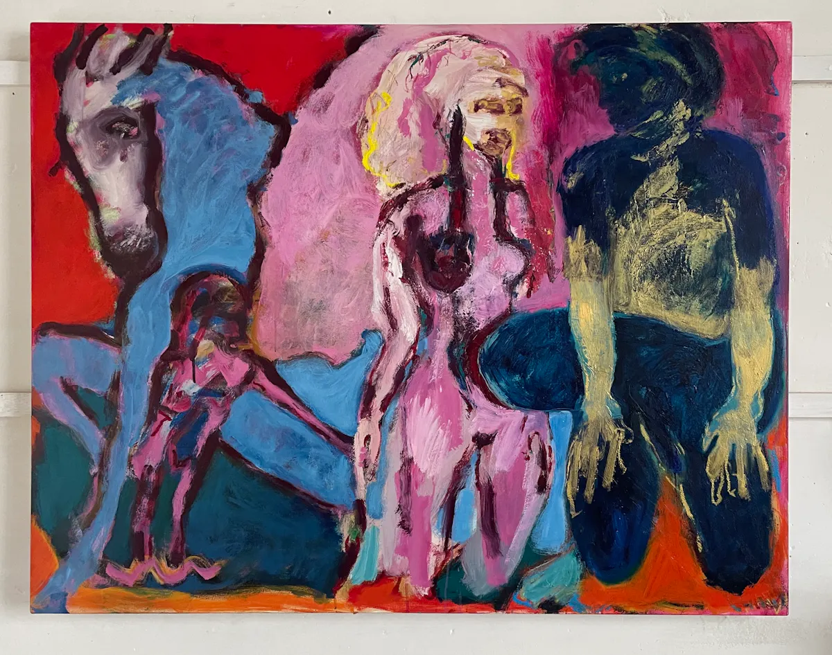 He put a spirit bomb in my womb. Oil and oilstick on canvas. 110 x 136 cm approx. 2024