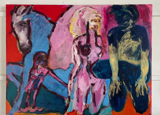 He put a spirit bomb in my womb. Oil and oilstick on canvas. 110 x 136 cm approx. 2024