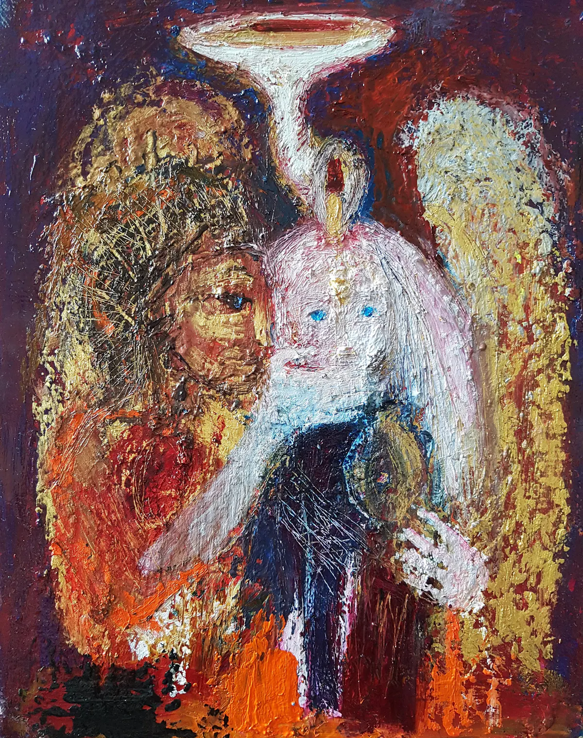 Magician with gentle Hands holds Girl for Baptism. Oil on linen. May 2021